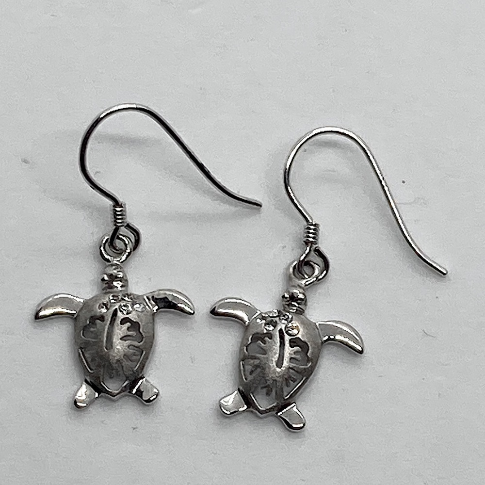 Vtg 925 Sterling & Cz Sea Turtle w Hawaiian Hibiscus Cutout Dangle Earrings 1.1”
